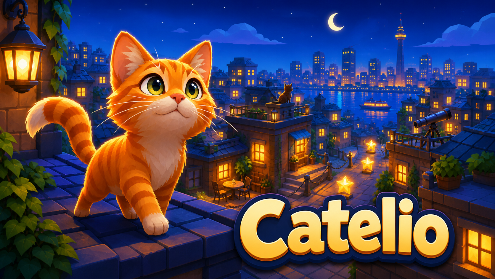 Catelio em uma cidade noturna low-poly: um gato laranja explora telhados iluminados e caminhos cheios de descobertas.