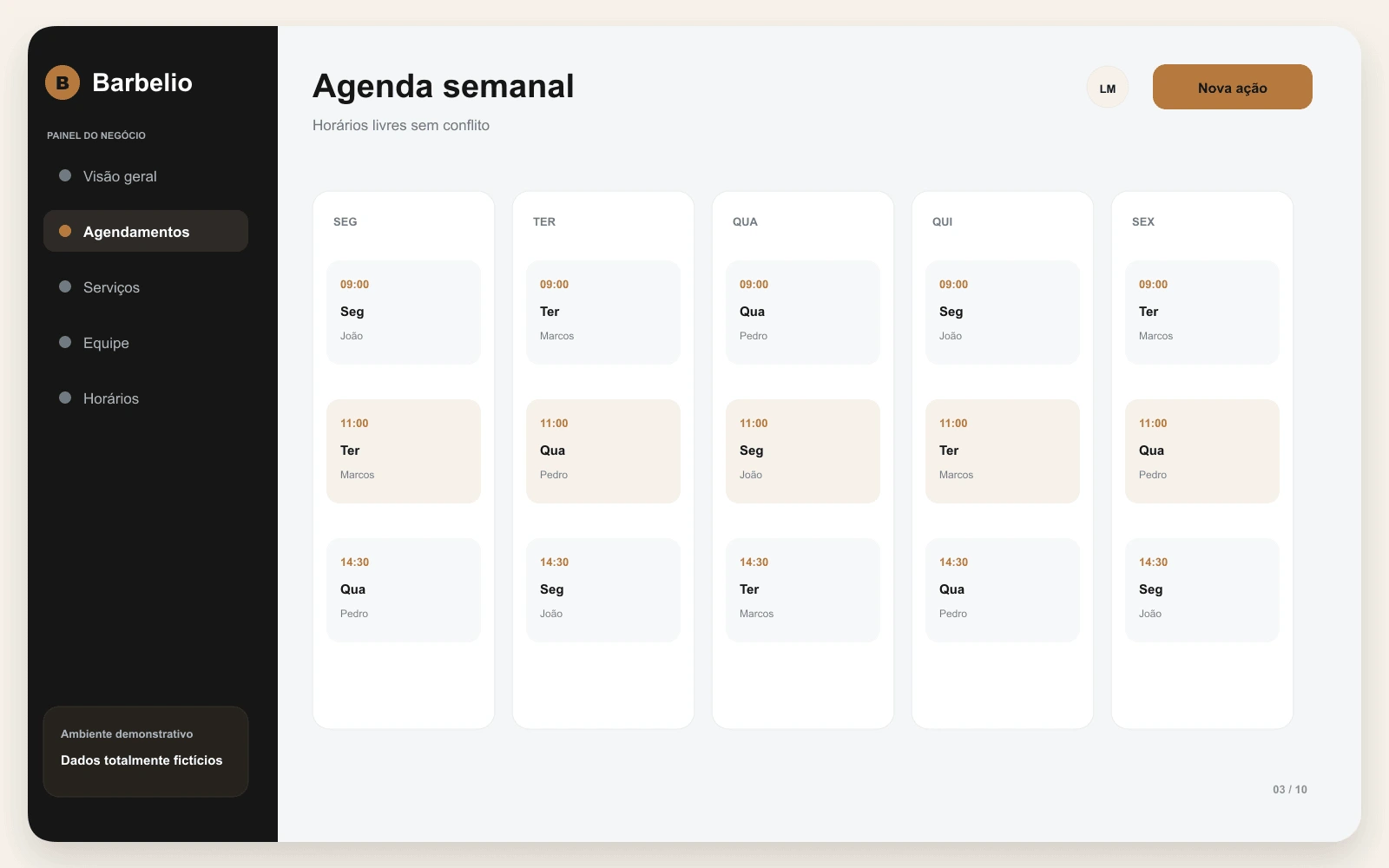 Prévia da agenda semanal de atendimentos com dados fictícios.