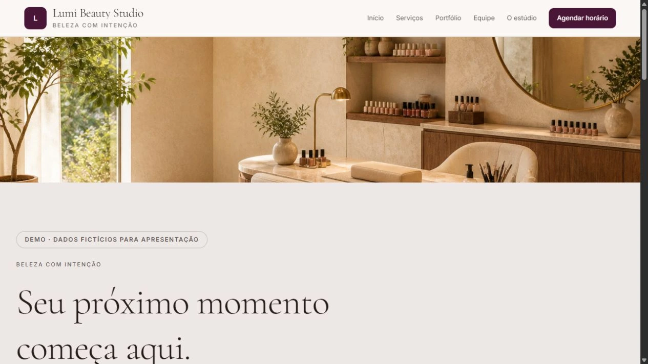 Página pública da Lumi Beauty Studio, a demonstração do Beautelio.