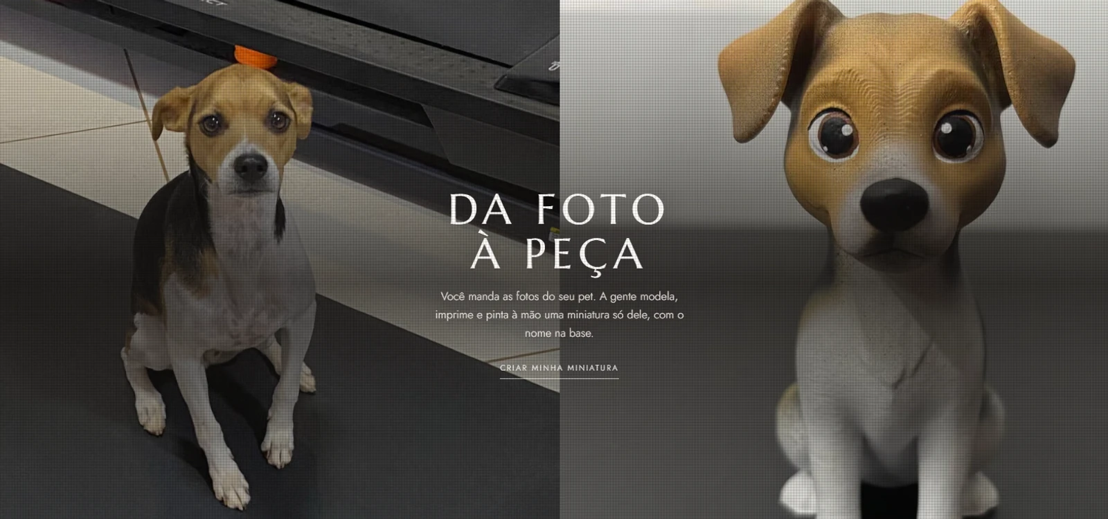 Tela do site Lina Art Pet comparando a fotografia de um pet com sua miniatura 3D personalizada.